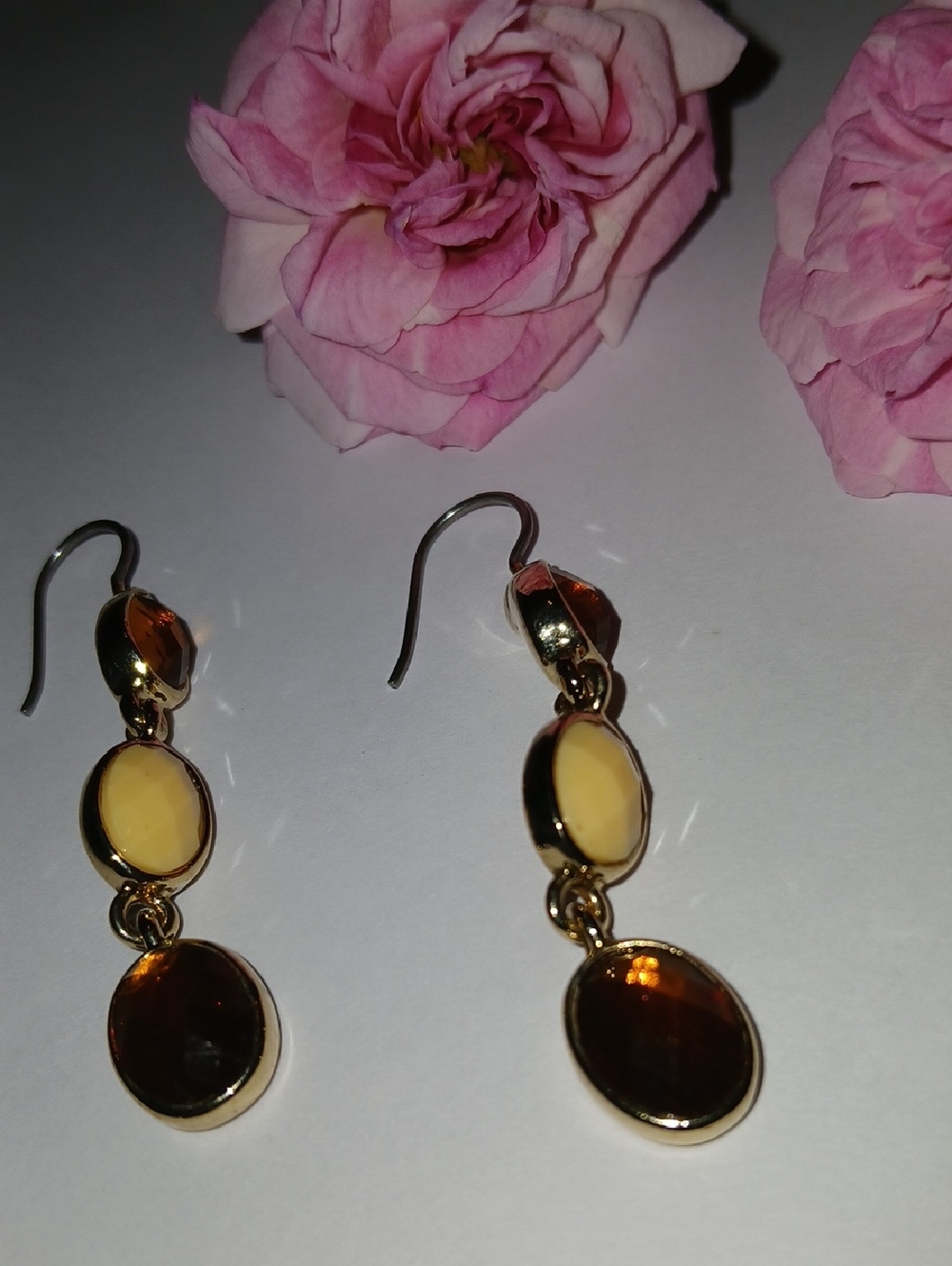 Gold Drop Earrings with Amber and Cream Stones